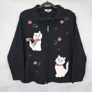 Alia Cat Cardigan Sweater Women's Petite L Black Full Zip Applique Embroidery